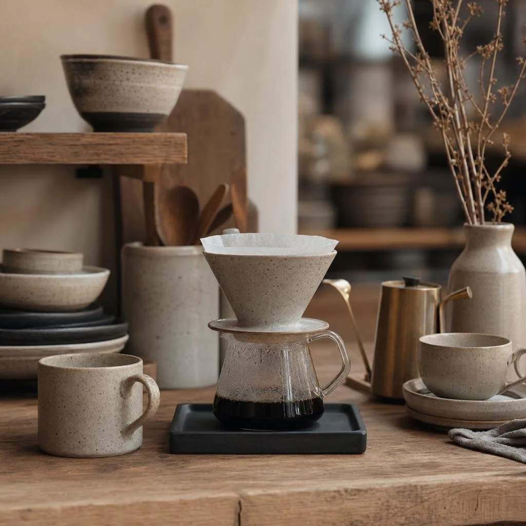 Ceramics and a pour-over set on a wooden kitchen counter