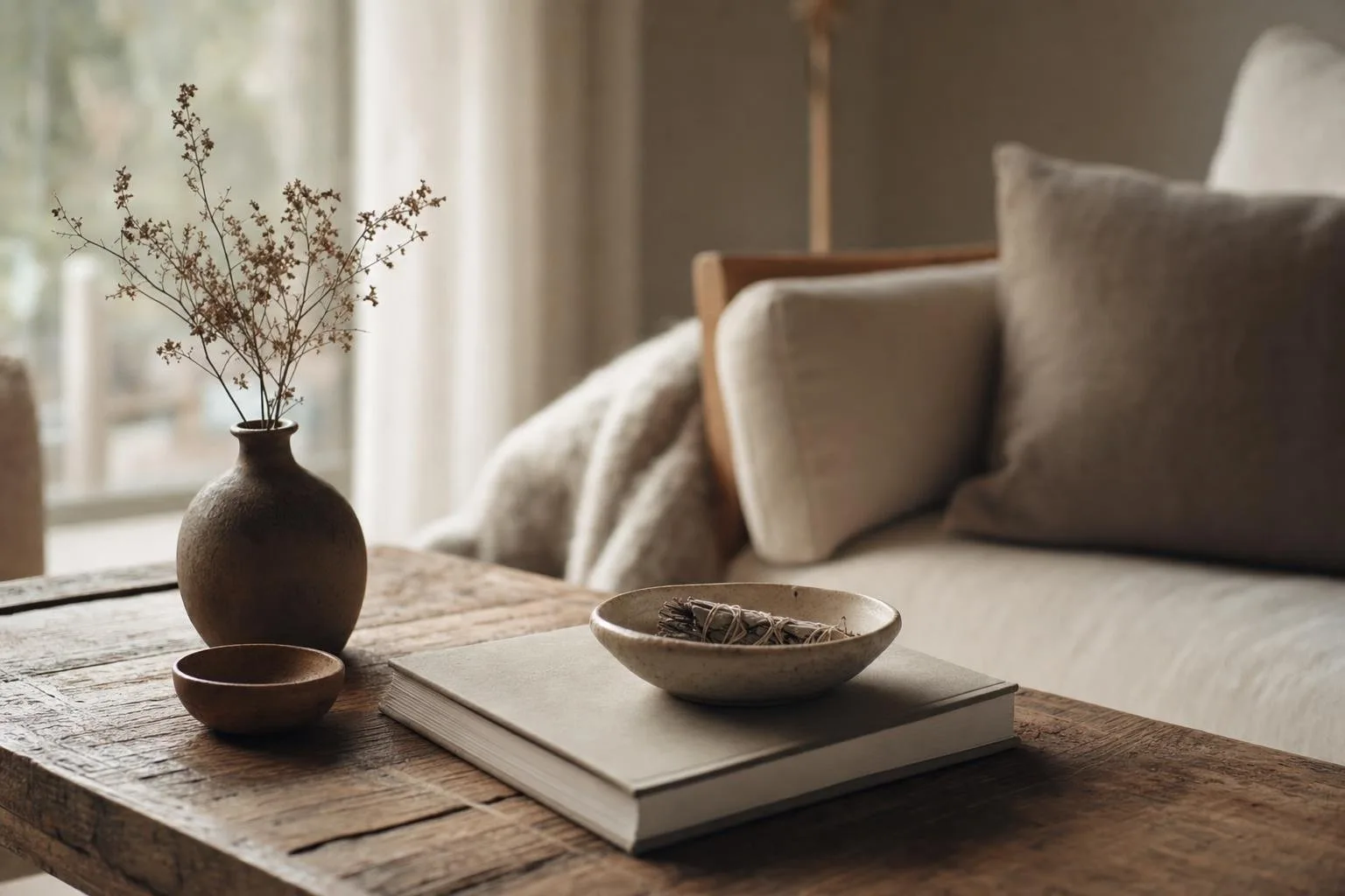 Warm, sunlit living room with linen textiles and ceramics